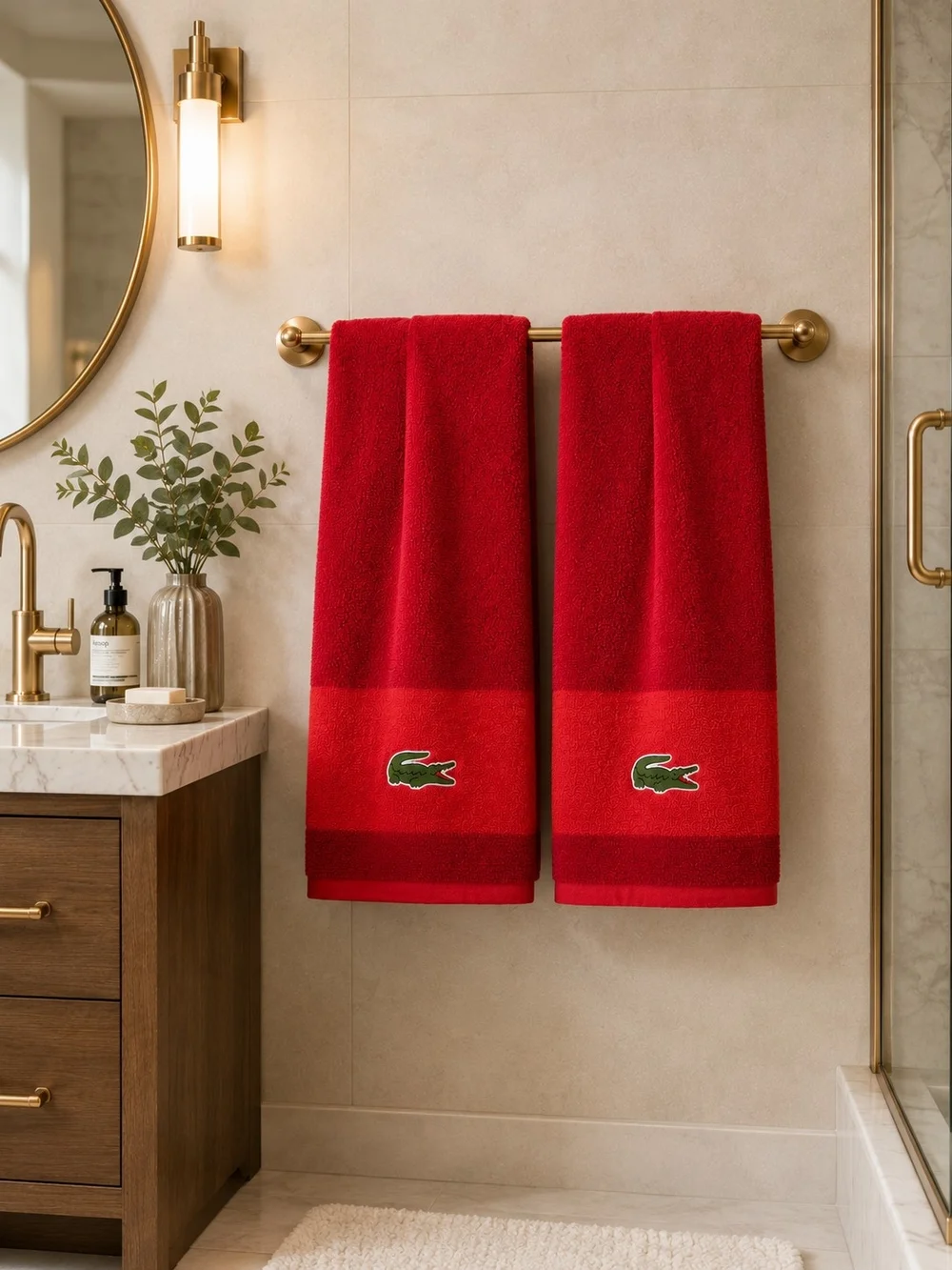 Lacoste Red Cotton Bath Towel - Embroidered Crocodile Logo